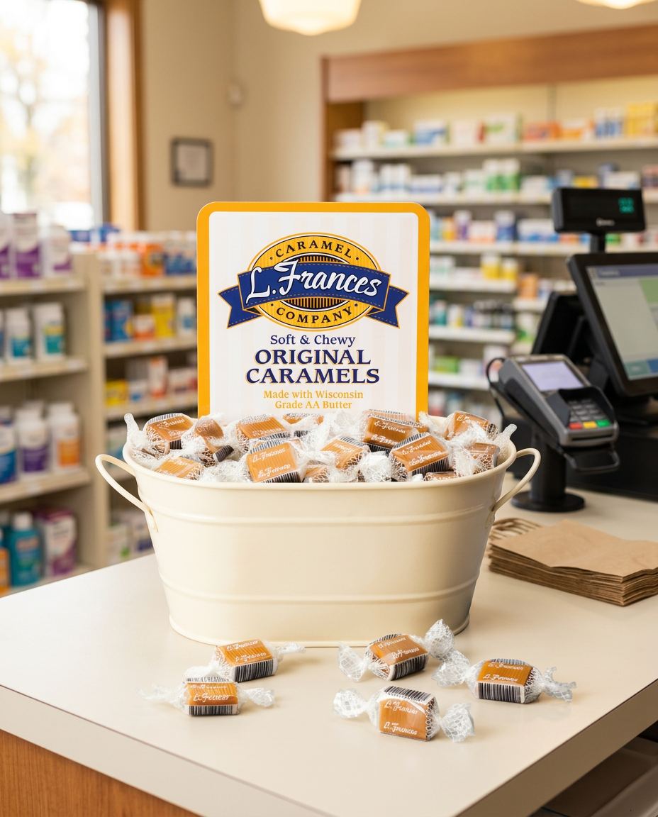 Bowl of individually-wrapped caramels